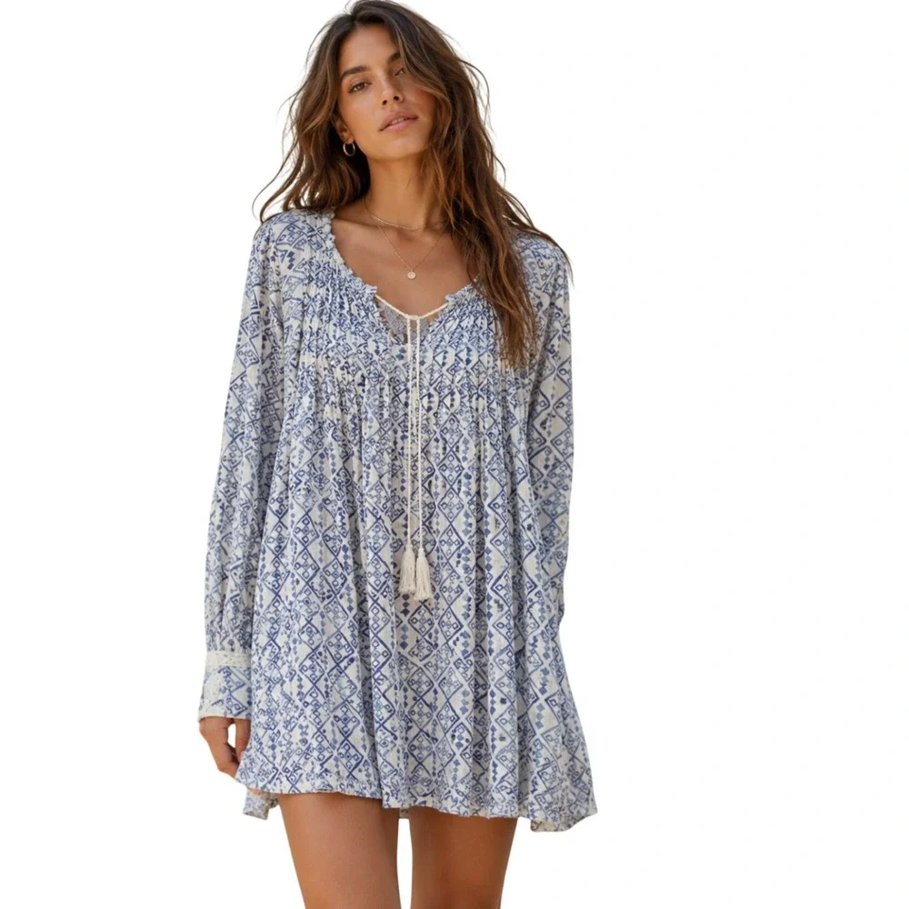 Free People Blue White Pintuck Tassels Boho Mini Dress Large Oversized Lace Cuff
